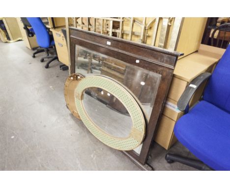 AN OAK OBLONG OVER MANTEL MIRROR AND TWO OTHER MIRRORS (3) 