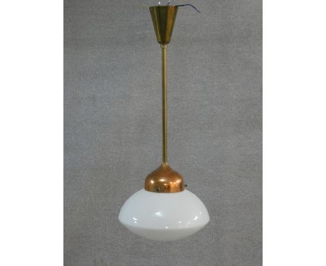 A mid century vintage copper ceiling pendant lamp with globular milk glass shade. H.75cm 
