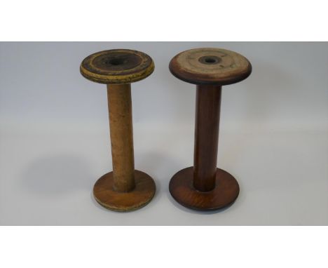 Two vintage shop display size wooden bobbin reels. H.41cm 