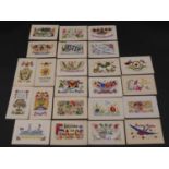 A collection of twenty three silk hand embroidered WW1 souvenir postcards. Some as envelopes with