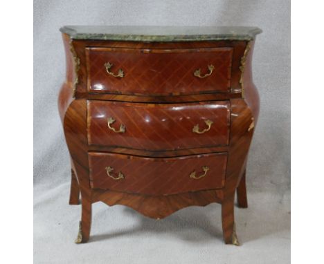 A French bombe style kingwood and inlaid commode with marble top and ormolu mounts on cabriole supports. H.80 W.81 D.42cm 