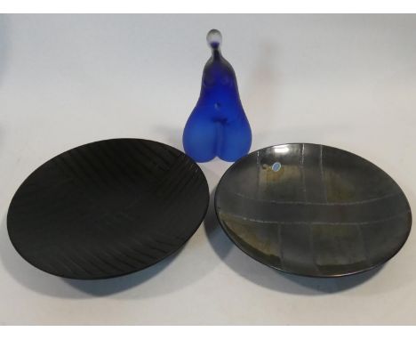 Two large lustre ceramic Poole Pottery chargers with abstract linear design, makers labels and stamps to base, along with an 