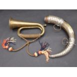 An Islamic copper, brass and white metal gun powder horn, with two hanging loops and white metal