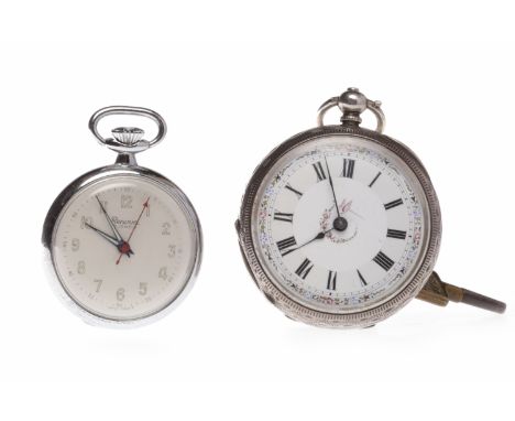 LADY'S SILVER OPEN FACE FOB WATCH
the round white enamel dial with central coloured decoration, Roman numerals in black, oute