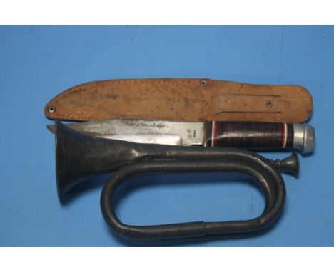 A PEWTER BUGLE TOGETHER WITH A BOWIE KNIFE