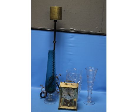 A HEAVY CUT GLASS VASE, A TALL TWISTED STEM VASE AND A TALL BLUE GLASS VASE together with A KOMA MANTEL CLOCK AND A TRIPOD CA