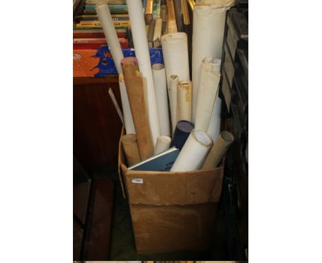 A BOX OF ORDNANCE SURVEY MAPS, ARCHITECTS PLANS, GRAPH PAPER ETC.