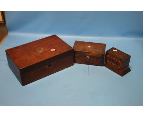 A WOODEN BOX CONTAINING COSTUME JEWELLERY TOGETHER WITH A TEA CADDY AND AN INLAID MONEY BOX