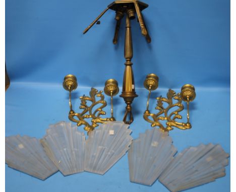 A VINTAGE HANGING CEILING LIGHT WITH FIVE ART DECO STYLE OPAQUE GLASS PANELS, TOGETHER WITH A PAIR OF WALL MOUNTED BRASS CAND