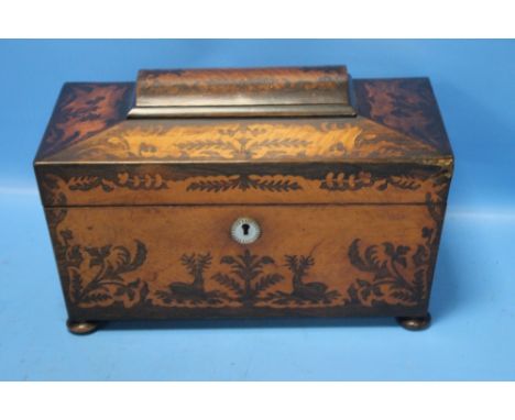AN INLAID CASKET SHAPED CADDY, NO INNERS
