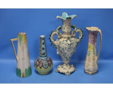 TWO CERAMIC JUGS AND TWO VASES¦Condition Report:Both jugs have damage, repairs¦
