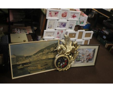 TWO PICTURE FRAMES TOGETHER WITH TWO PRINTS, A MIRROR AND A MODERN CLOCK