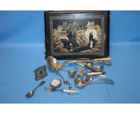 AN ORIENTAL STYLE POSTCARD / PHOTOGRAPH ALBUM TOGETHER WITH A COLLECTION OF WHITE METAL FLATWARE POCKET WATCH AND A SMALL MAN