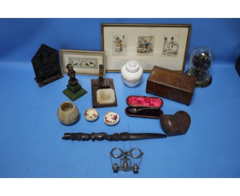 A QUANTITY OF COLLECTABLES TO INCLUDE WHITE METAL BINOCULARS, DOME CLOCK ETC.