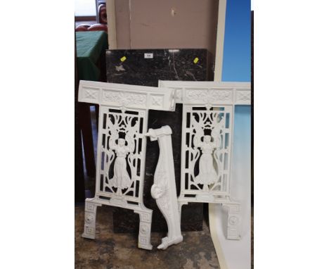 A VINTAGE MARBLE TOPPED CONSOLE TABLE ON A CAST METAL BASE WITH RELIEF DECORATION