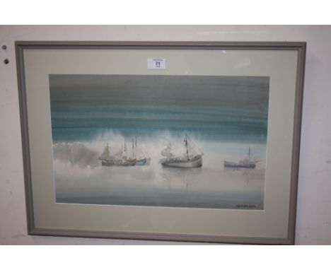 SYBIL MULLEN GLOVER (d.1995). Seascape with fishing boats and figures, signed lower right, watercolour, framed and glazed, 30