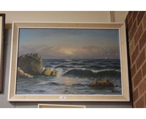 A FRAMED OIL ON BOARD OF A SEASCAPE SIGNED DENNIN