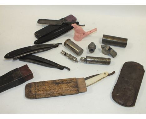 A TRAY OF COLLECTABLES TO INC CUT THROAT RAZORS, VINTAGE WHISTLES ETC