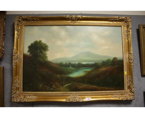 A GILT FRAMED OIL ON CANVAS OF FIGURES IN A COUNTRY LANDSCAPE SIGNED R WITCHARD