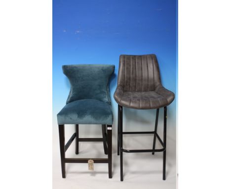 A MODERN LIGHT BLUE STOOL TOGETHER WITH ANOTHER MODERN METAL STOOL