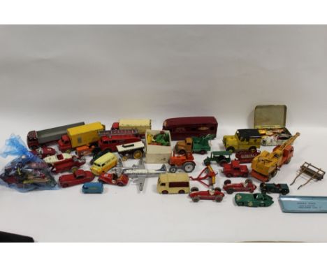 A QUANTITY OF PLAY WORN DINKY DIE CAST TOY CAR VEHICLES TO INCLUDE A DINKY SUPERTOYS BIG BEDFORD, SUNBEAM ALPINE ETC