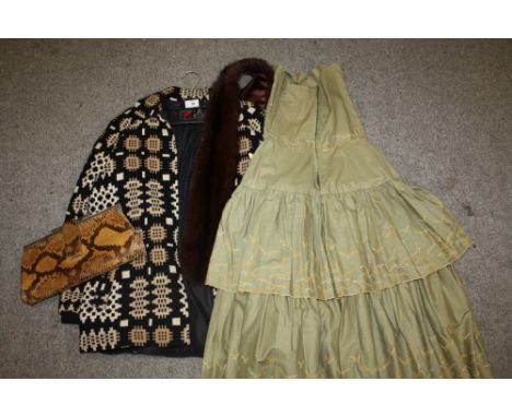 A SNAKESKIN LEATHER HANDBAG, WELSH WOOLLEN JACKET, MINK FUR SCARF AND A VINTAGE DRESS