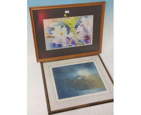 A FRAMED AND GLAZED ABSTRACT FLORAL WATERCOLOUR SIGNED ERNEST TWIGG, TOGETHER WITH A FRAMED AND GLAZED SIGNED LIMITED EDITION