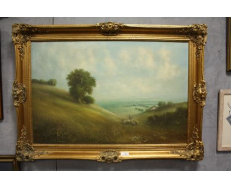 A GILT FRAMED OIL ON CANVAS OF A SHEEP ON A HILLSIDE SIGNED R WITCHARD