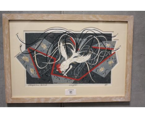 A MODERN FRAMED AND GLAZED ABSTRACT PRINT OF A COCKEREL ENTITLED LONG TAIL BY JACQUELINE CURRELL