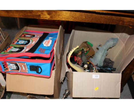 A BOX OF THOMAS THE TANK ENGINE WOODEN RAILWAY TOYS, TOGETHER WITH A BOX OF DINOSAUR TOYS ETC. 