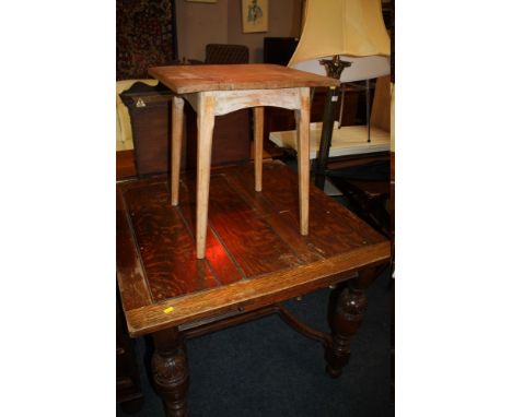 A BRASS CORINTHIAN STANDARD LAMP TOGETHER WITH OAK DRAWLEAF AND SIDE TABLE (3)