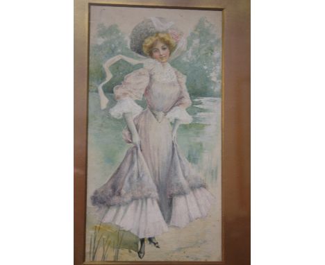 A FRAMED AND GLAZED WATERCOLOUR FULL LENGTH PORTRAIT OF A LADY ENTITLED MADAM
