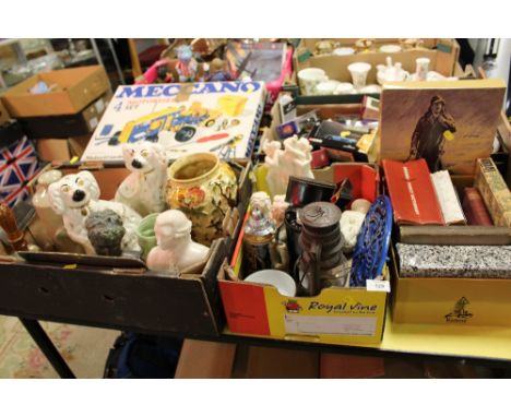 TWO BOXES OF ASSORTED CERAMICS ETC TO INCLUDE A QUANTITY OF BUSTS, TILLY LAMP, STAFFORDSHIRE STYLE DOG FIGURES, BRASS BELL ET