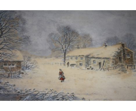 A FRAMED AND GLAZED WATERCOLOUR DEPICTING A RUSTIC WINTER SCENE WITH FIGURE BESIDE A COTTAGE SIGNED R MANN 