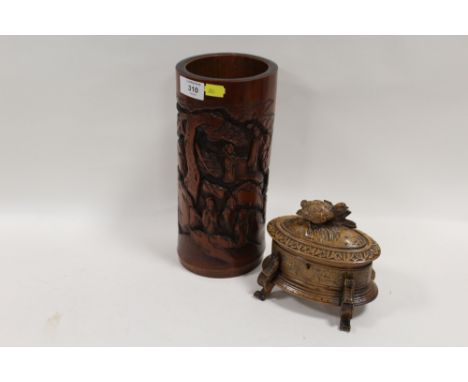 A LARGE ORIENTAL CARVED BAMBOO BRUSH POT TOGETHER WITH A CARVED TRINKET BOX WITH GAME BIRD DECORATION A/F