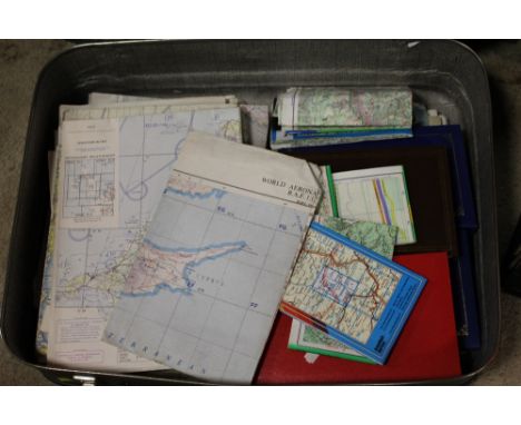 A SUITCASE OF AVIATION RELATED SCALE MAPS TO INC MILITARY EXAMPLES TOGETHER WITH A QUANTITY OF AERIAL PHOTOGRAPHS ETC