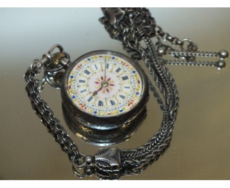 AN ANTIQUE ENAMEL DIAL SILVER FOB WATCH ON SILVER ALBERTINA WATCH CHAIN 