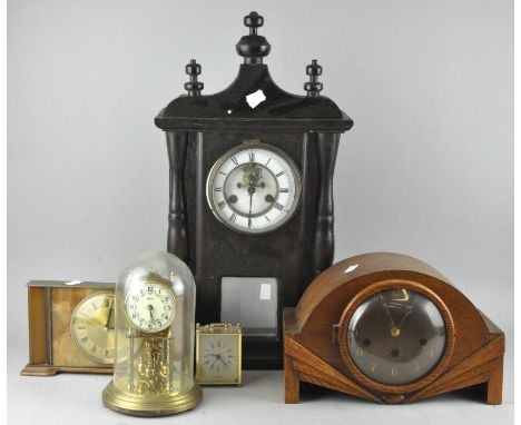 A small walnut cased Vienna style wall clock, and various mantel clocks