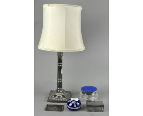 A silver plated column table lamp with shade, together with a Perthshire paperweight, a Scottish silver pin tray with Edinbur