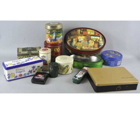 A selection of promotional tins, to include A 'Jacksons of Piccadilly' tin box caddy, 15cm high; a treasure chest style biscu