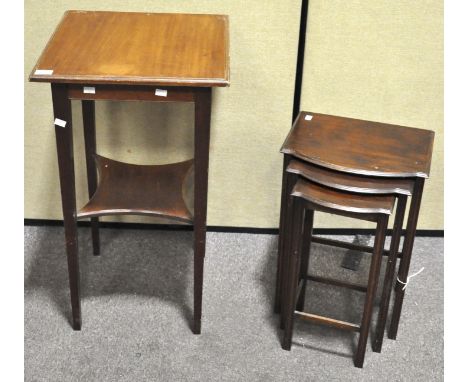 An Edwardian mahogany square occasional table with shelf stretcher, 82cm high x 46cm wide x 46cm deep; and a nest of tables