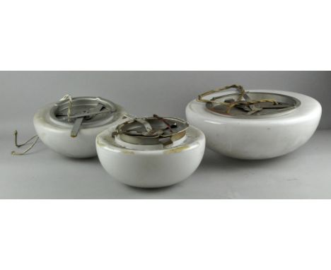 A spherical frosted glass ceiling light, 30cm diameter; and three other frosted glass light shades (4)