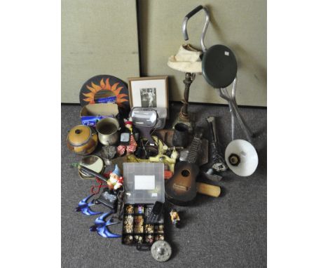 A large collection of assorted items, including an anglepoise style lamp, carved wooden tray and other items