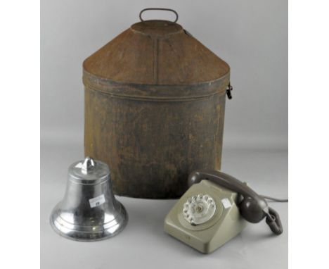 A vintage GPO telephone, together with a chromed bell (lacking clapper) and a metal hat box