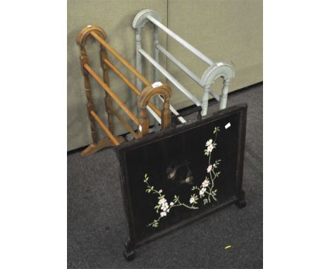Two wooden towel rails, one painted white, together with a fire screen and a small stool, largest 80cm high