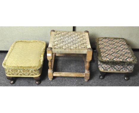 A group of three vintage footstools, two with fabric tops, largest 31.5cm wide