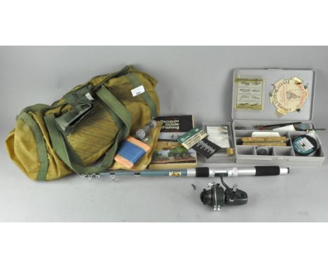 A group of sporting related items, including fishing reels, flies and tackle, a shooting stick, an umbrella and more