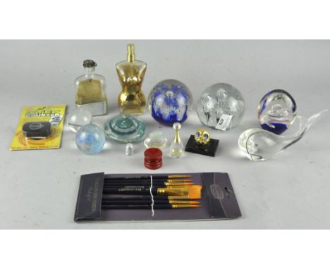 A collection of glass paperweights, together with other glass items, a cognac hip flask and more