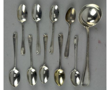 A collection of various silver spoons, including a Victorian ladle,a set of six teaspoons and other teaspoons, combined weigh