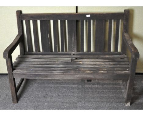 A vintage pine garden bench, 85m high x 120cm wide x 56cm deep